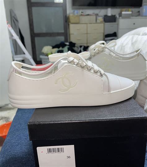 CHANEL White Leather Transparent White Rubber CC Sneakers 